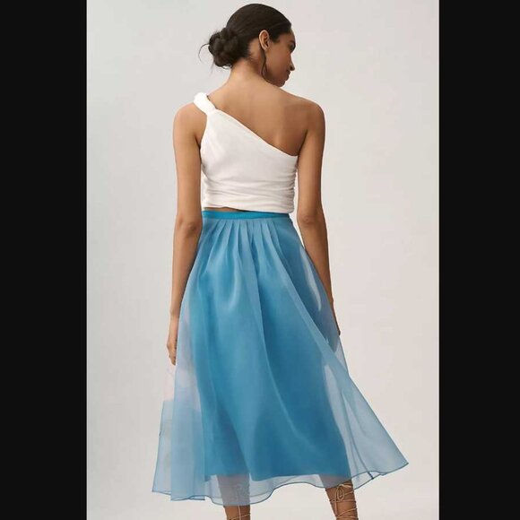 New XXS Farm Rio x Anthropologie Floral organza midi skirt in Blue Peony - Picture 3 of 9